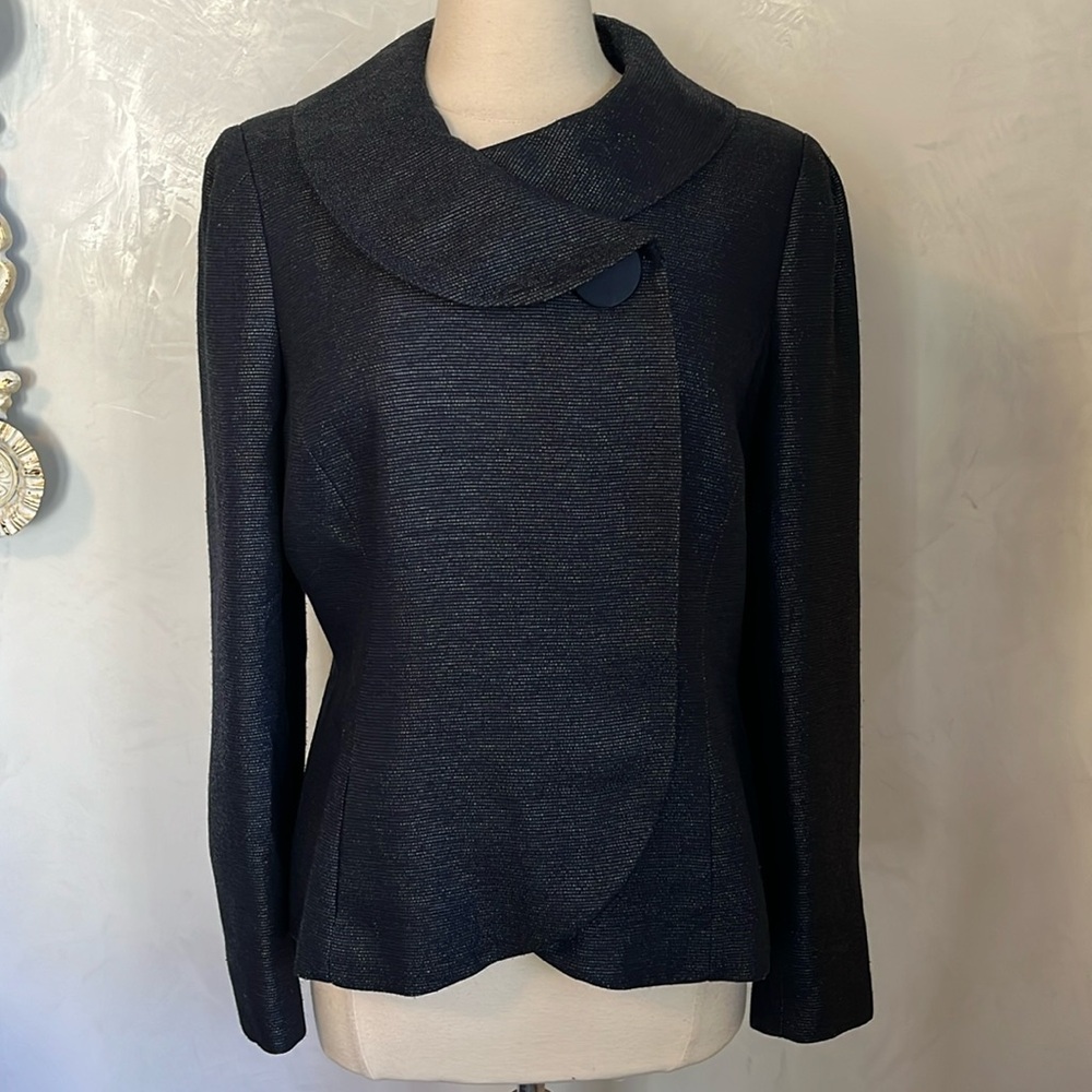 Ellen Tracy Blue Sheen Blazer w/shoulder pads,oversized Button & pockets Size 12